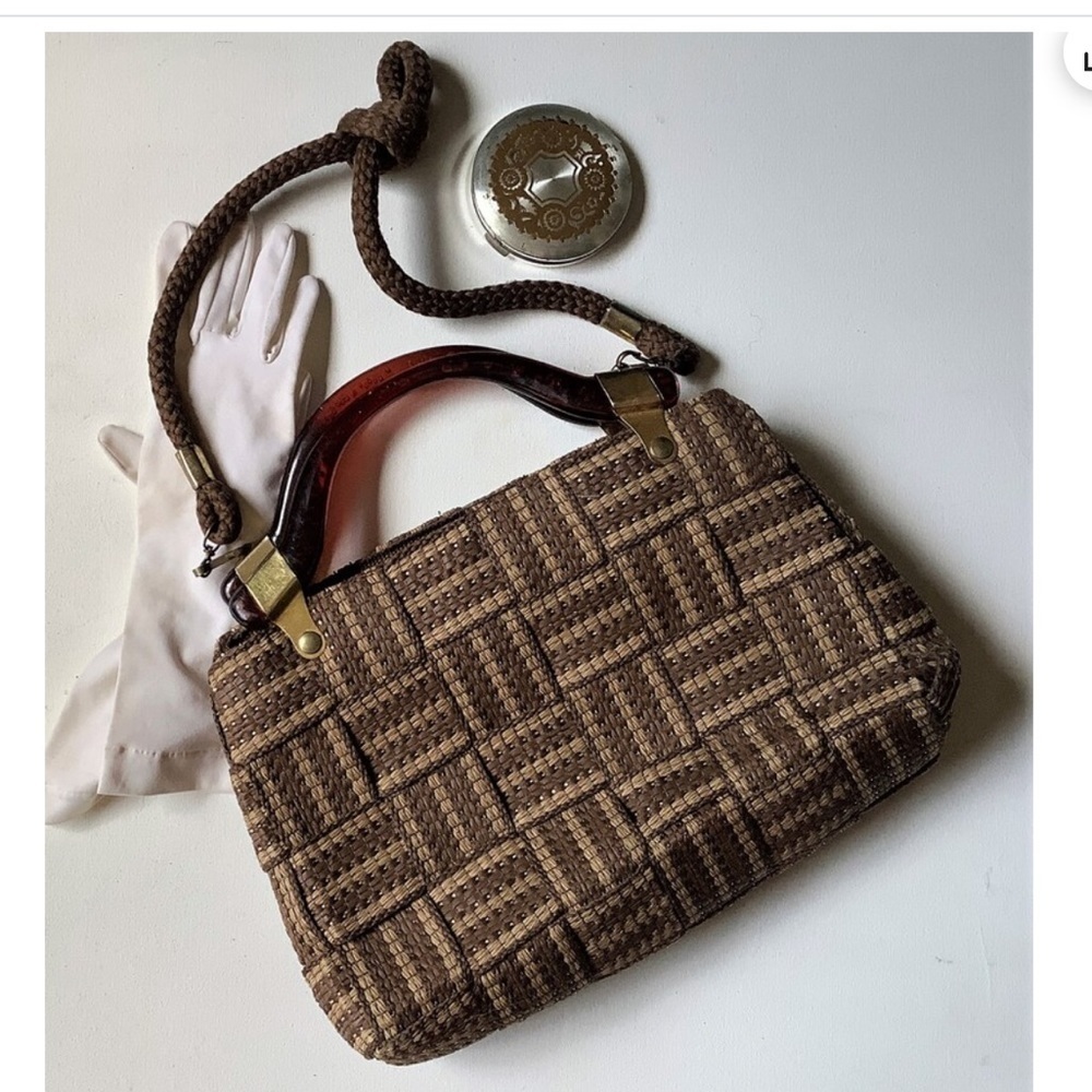 Vintage Brown Woven Crossbody Bag with Tortoiseshell Handle - Picture 12 of 12